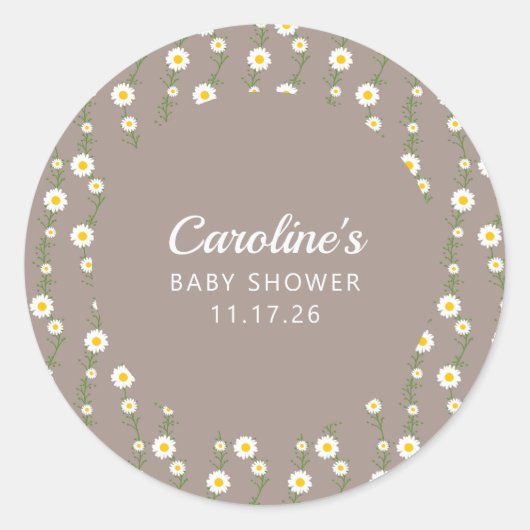 Boho Daisy Chain Taupe Aangepast Script Baby showe Ronde Sticker (Voorkant)