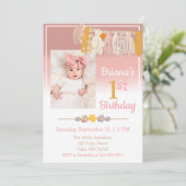 Boho Daisy Custom Foto roze First Birthday Kaart (Staand voorkant)
