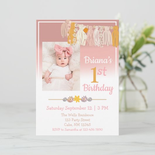 Boho Daisy Custom Foto roze First Birthday Kaart (Staand voorkant)