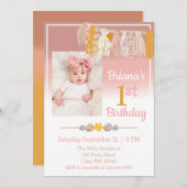 Boho Daisy Custom Foto roze First Birthday Kaart (Voorkant / Achterkant)