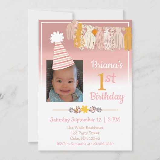 Boho Daisy Custom Photo Girls First Birthday Kaart (Voorkant)