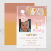 Boho Daisy Custom Photo Girls First Birthday Kaart (Voorkant / Achterkant)