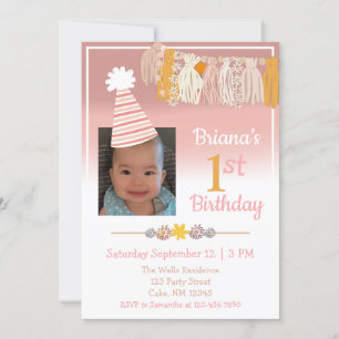 Boho Daisy Custom Photo Girls First Birthday Kaart