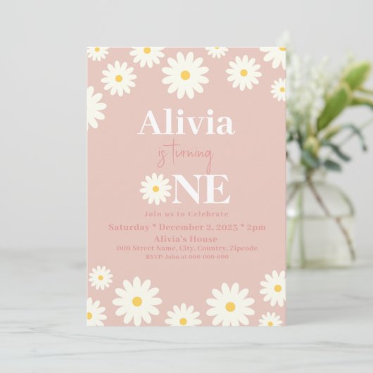 Boho Daisy Een Bloemenroze Bohemian 1e Verjaardag Kaart (Staand voorkant)