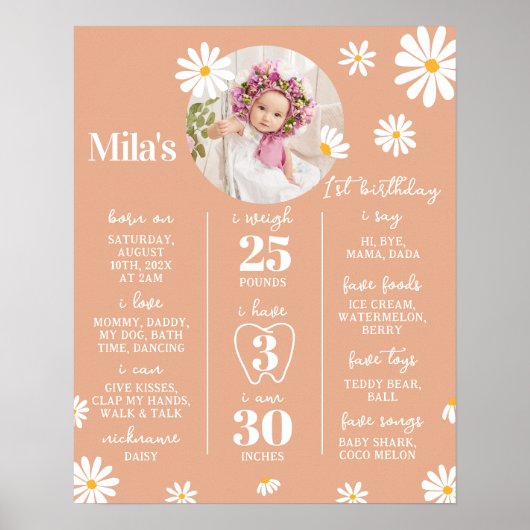 Boho Daisy Eerste Verjaardag Mijlpaal Bord Poster (Voorkant)