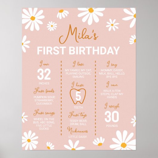 Boho Daisy Eerste Verjaardag Mijlpaal teken Poster (Voorkant)
