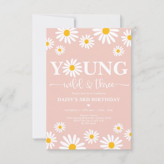 Boho Daisy Floral Young Wild & Three 3rd Birthday Kaart (Voorkant)