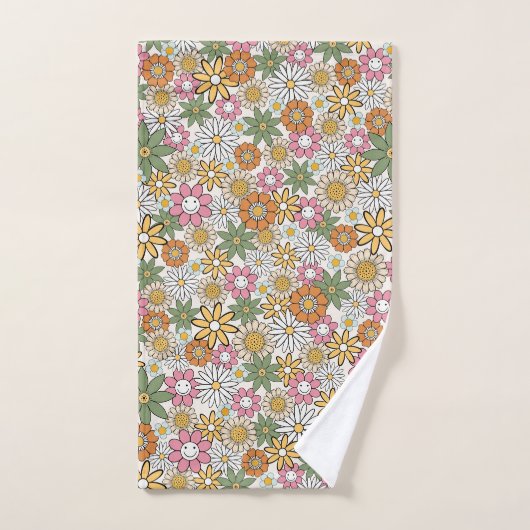 Boho Daisy Flowers 70s Groovy Floral Bad Handdoek (Handdoek)
