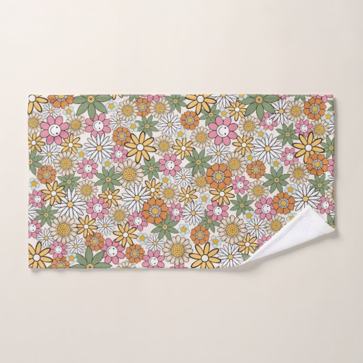 Boho Daisy Flowers 70s Groovy Floral Bad Handdoek (Handdoek)