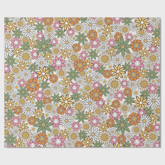 Boho Daisy Flowers 70s Groovy Floral Cadeaupapier (Vlak)