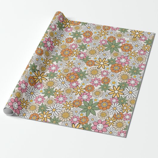 Boho Daisy Flowers 70s Groovy Floral Cadeaupapier (Uitgerold)