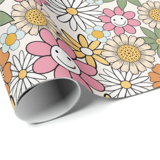 Boho Daisy Flowers 70s Groovy Floral Cadeaupapier (Rol Hoek)