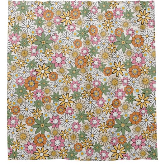 Boho Daisy Flowers 70s Groovy Floral Douchegordijn (Voorkant)