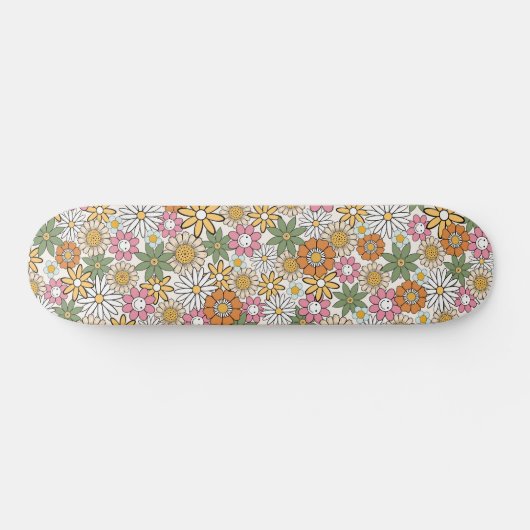 Boho Daisy Flowers 70s Groovy Floral Persoonlijk Skateboard (Horizontaal)