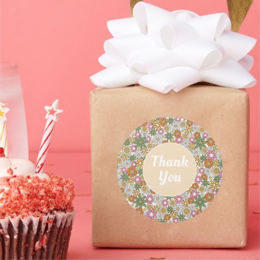 Boho Daisy Flowers 70s Groovy Floral Ronde Sticker (Feest)