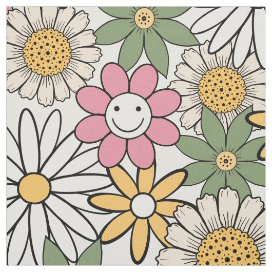 Boho Daisy Flowers 70s Groovy Floral Stof (Swatch)