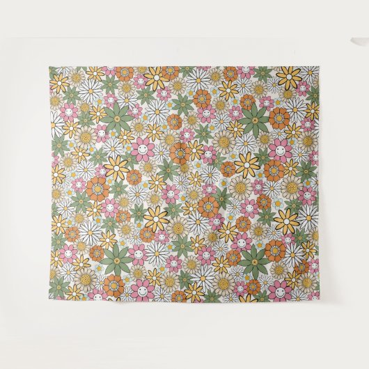 Boho Daisy Flowers 70s Groovy Floral Wandkleed (Voorkant (horizontaal))