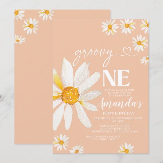 Boho Daisy Flowers Groovy One Birthday Party Kaart (Voorkant / Achterkant)