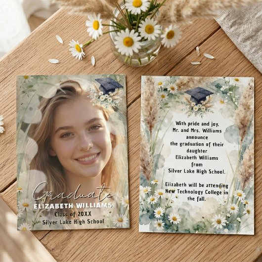 Boho Daisy Pampas Gras Foto Afstuderen Aankondiging