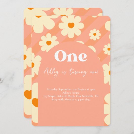 Boho Daisy Rainbow 1e Retro Verjaardag uitnodiging (Voorkant / Achterkant)