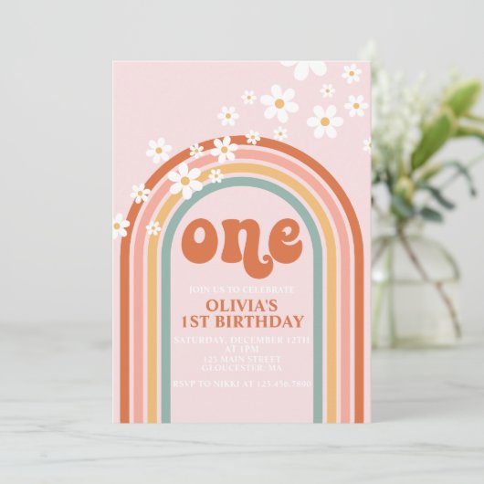 Boho Daisy-regenboog, eerste verjaardag Kaart (Staand voorkant)