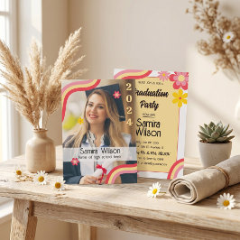 Boho Daisy Retro Salie Groen Foto Afstudeerfeest Kaart