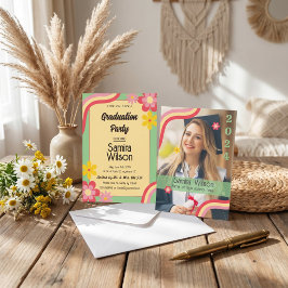 Boho Daisy Retro Salie Groen Foto Afstudeerfeest Kaart
