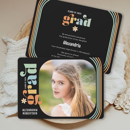 Boho Daisy Retro Tekst Foto Afstudeerfeest Aankondiging