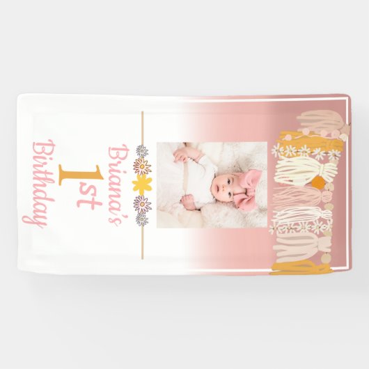Boho Daisy Tassel Aangepaste Foto Roze Eerste Dag Spandoek (Horizontaal)