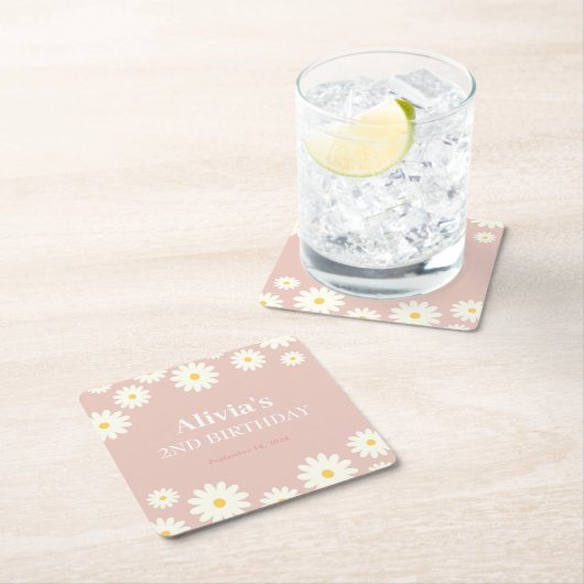 Boho Daisy Twee Bloemen Roze Bohemian 2e Verjaarda Kartonnen Onderzetters (Insitu)