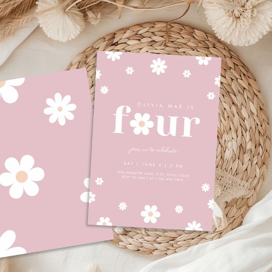 Boho Daisy vierde verjaardag uitnodiging