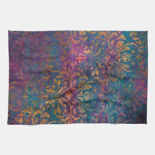 Boho damask elegant paars blauw goud theedoek (Horizontaal)