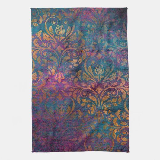 Boho damask elegant paars blauw goud theedoek (Verticaal)