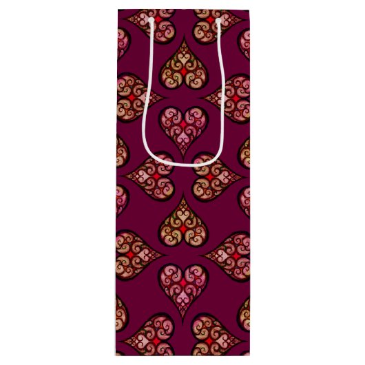Boho Damask Heart Pattern Elegant Feminine Chic Wijn Cadeautas (Voorkant)