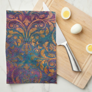 Boho damast elegant paars blauw goud  theedoek