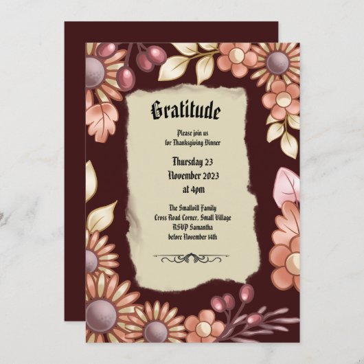 Boho dankbaarheid oud mode diner kaart (Voorkant / Achterkant)