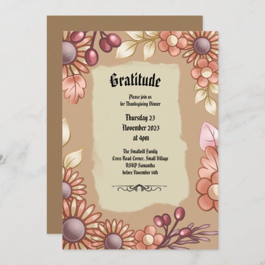 Boho dankbaarheid oud mode diner kaart (Voorkant / Achterkant)