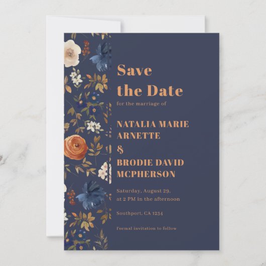 Boho Dark Blue Floral Wedding Save the Date (Voorkant)