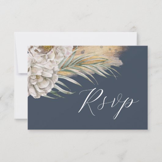 Boho Dark Blue Watercolor Floral RSVP (Voorkant)