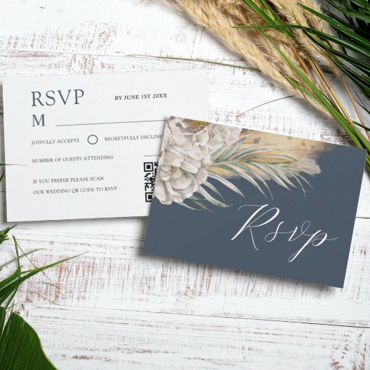 Boho Dark Blue Watercolor Floral RSVP Kaartje