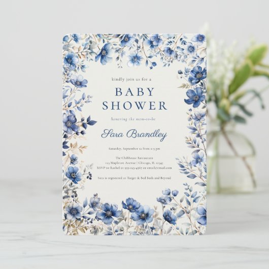 Boho Dark en Dusty Blue Wildflower Baby shower Kaart (Staand voorkant)