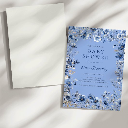 Boho Dark en Dusty Blue Wildflower Baby shower Kaart