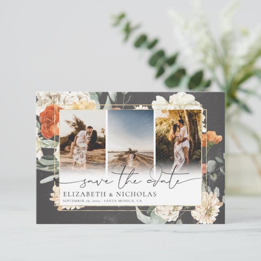 Boho Dark Floral | 3 Fotobruiloft Save The Date (Staand voorkant)