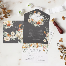 Boho Dark Floral Greenery Botanical Wedding All In One Uitnodiging