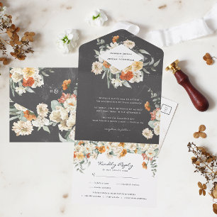 Boho Dark Floral Greenery Botanical Wedding All In One Uitnodiging