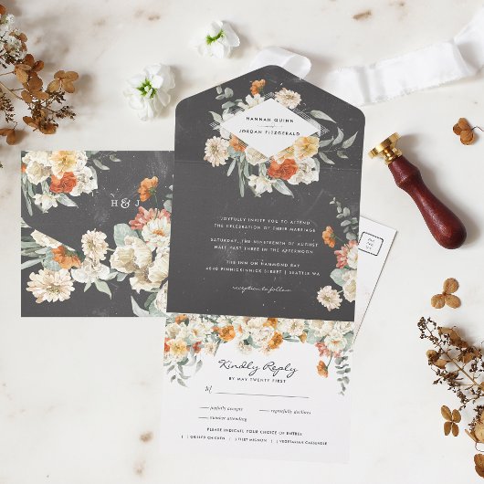 Boho Dark Floral Greenery Botanical Wedding All In One Uitnodiging