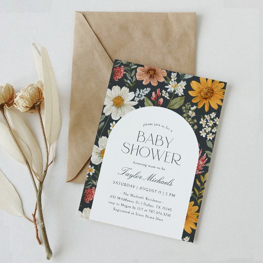 Boho Dark Floral Wildflower Baby shower Kaart