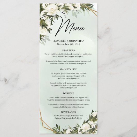 Boho dark green foliing white roses gold lijst menu (Voorkant)