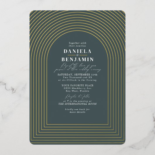 Boho Dark Green Wedding Arch & RSVP QR Code Folie Uitnodiging (Voorkant)