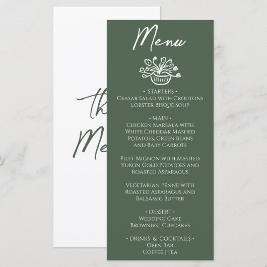 Boho Dark Moss Green Hand Drawn Floral Wedding Menu (Voorkant / Achterkant)